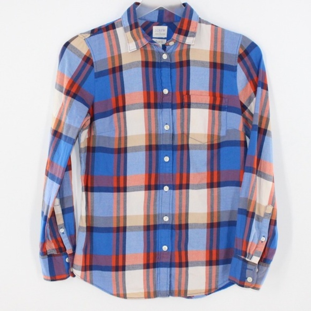 J.Crew Plaid Perfect‎ Fit Button Down Shirt XS Petite Blue Orange
